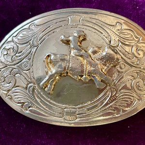 Cowboy Bull Riding Silver Vintage Belt Buckle